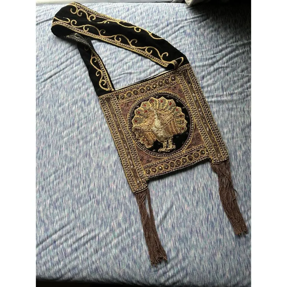 VTG 1970s Handmade Sequin & Beaded Thai Burmese Tapestry Hobo Peacock Kalaga Bag